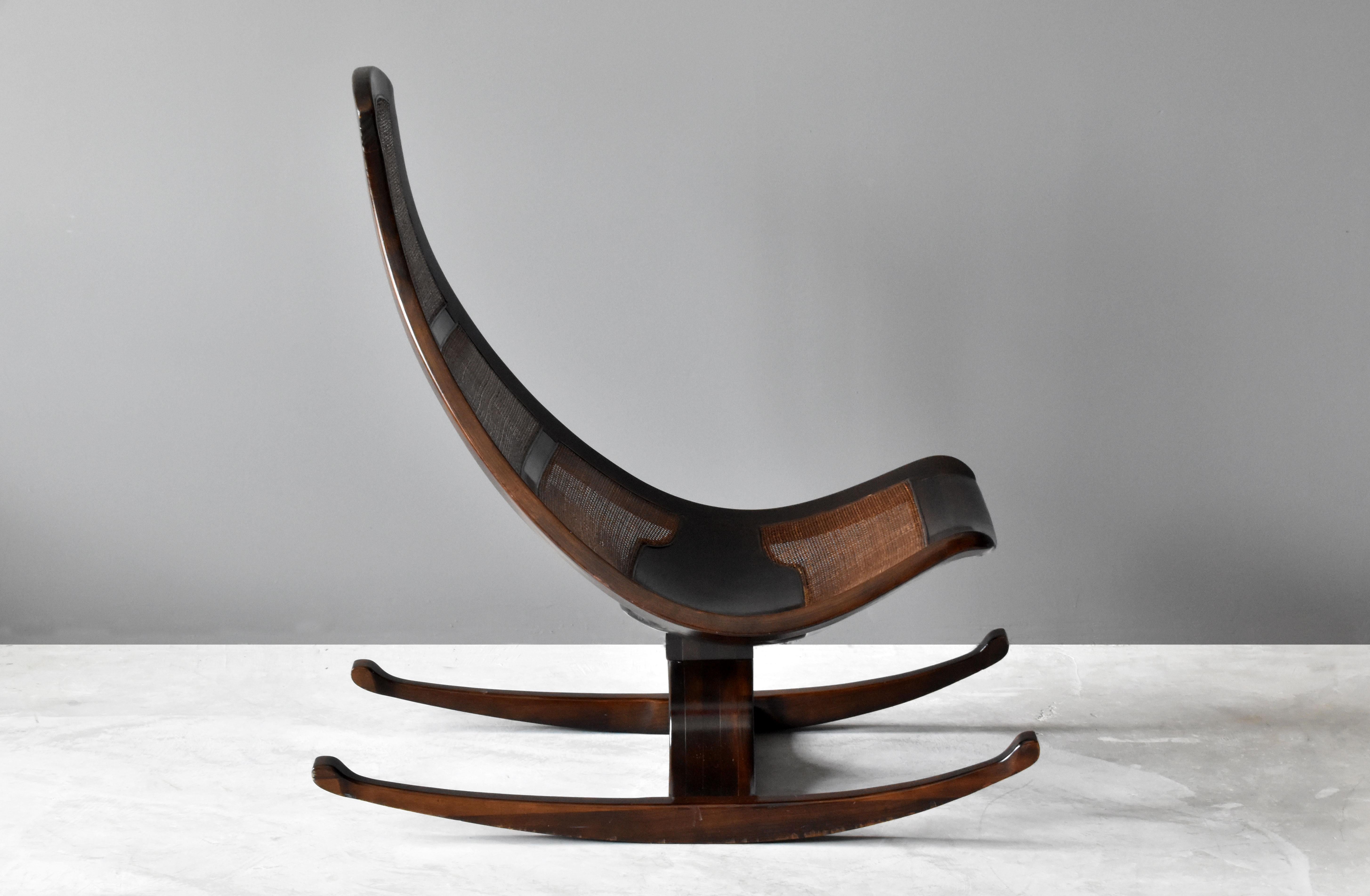 Brazilian Modernist Designer, Rocking Lounge Chair, Cane, Mahogany, 1970s In Fair Condition In High Point, NC