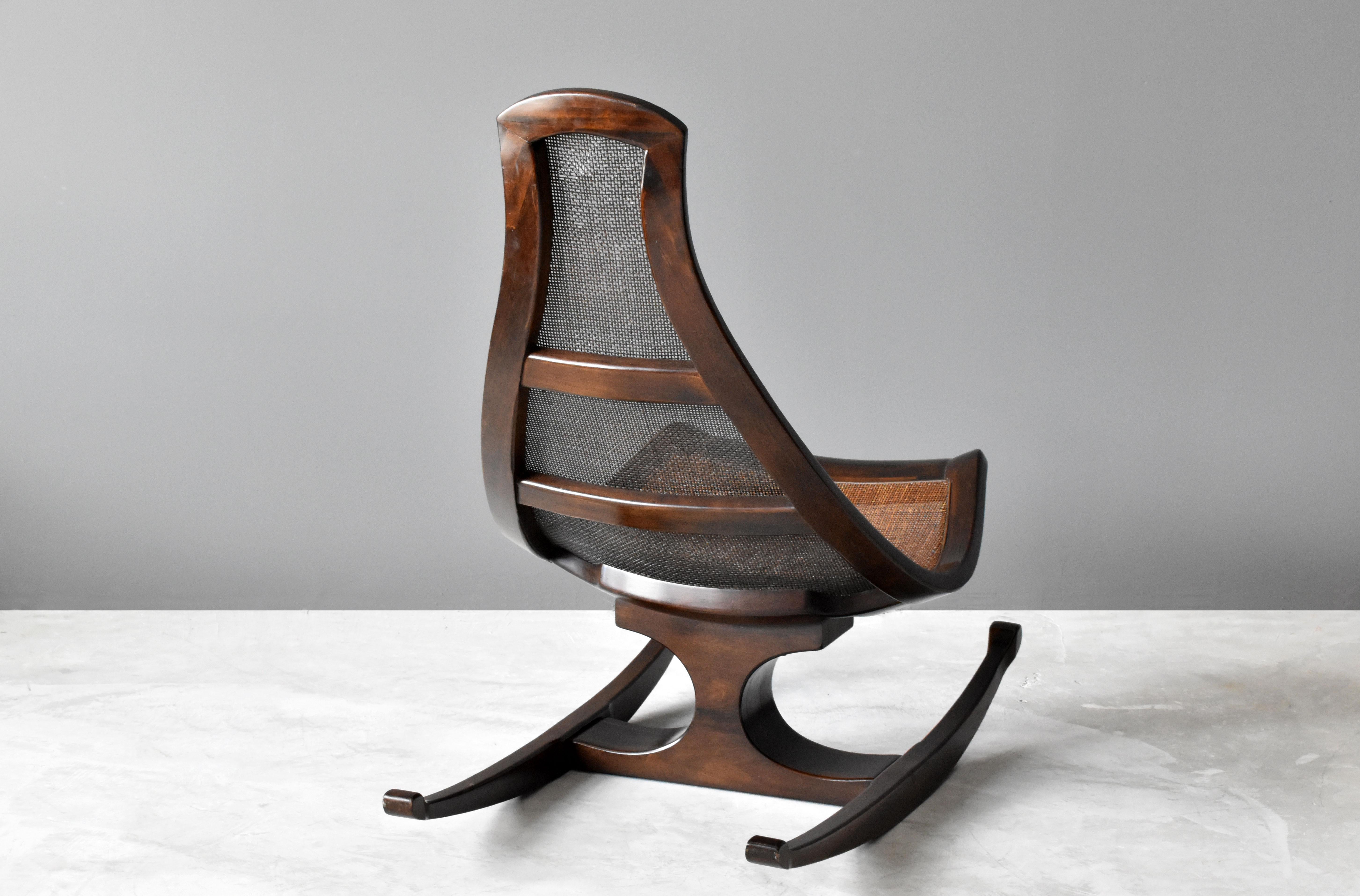 Late 20th Century Brazilian Modernist Designer, Rocking Lounge Chair, Cane, Mahogany, 1970s