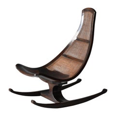 Vintage Brazilian Modernist Designer, Rocking Lounge Chair, Cane, Mahogany, 1970s