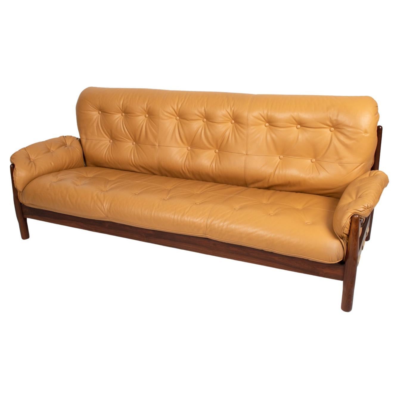 Brazilian Modernist Rosewood & Leather Sofa, circa 1970s For Sale