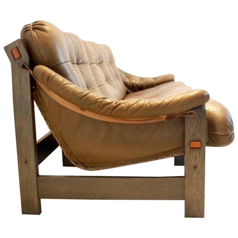 Brazilian Oak and Olive Green Leather 3-Seat Sofa, Jean Gillon