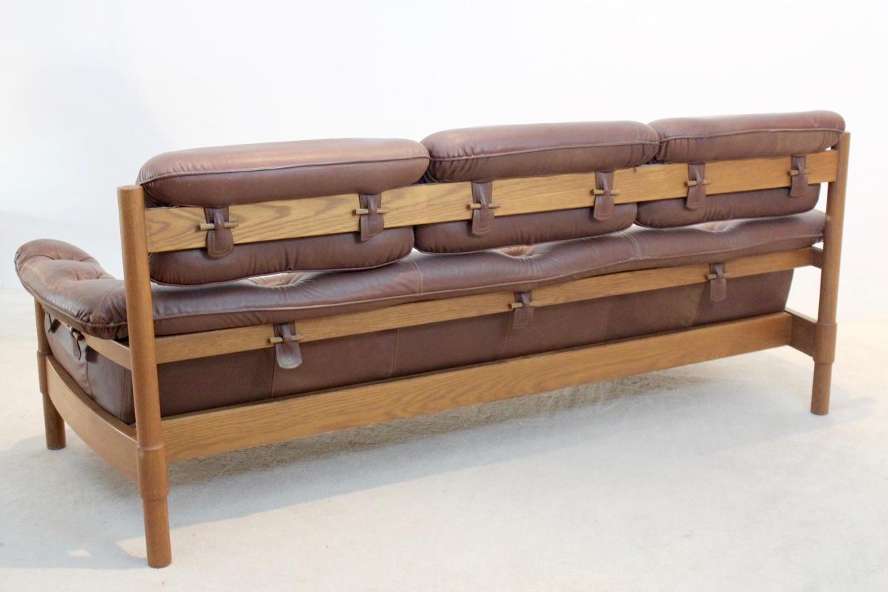 Mid-Century Modern Brazilian Oak & Leather 3-Seat Sofa, 1970s