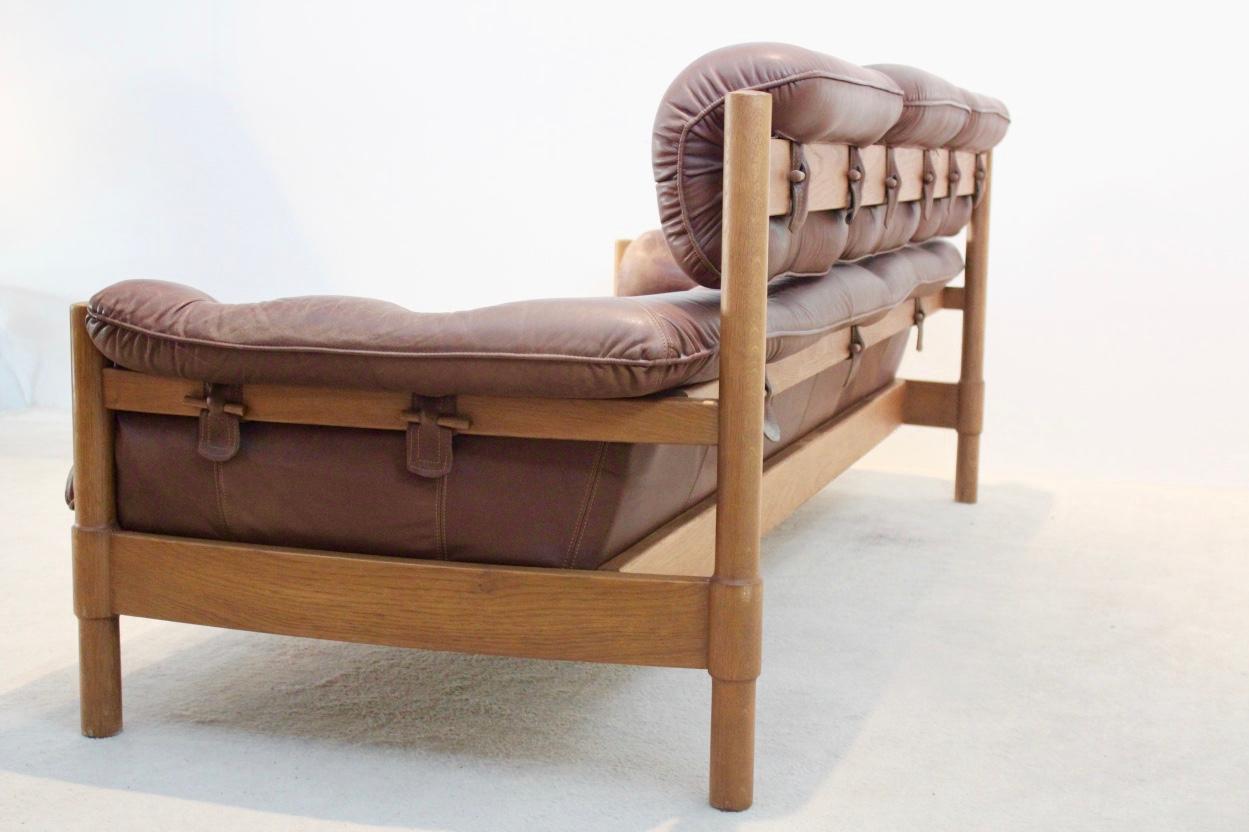 20th Century Brazilian Oak & Leather 3-Seat Sofa, 1970s