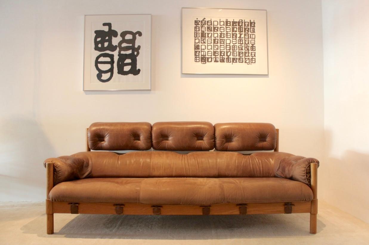 Brazilian Oak & Leather 3-Seat Sofa, 1970s 1