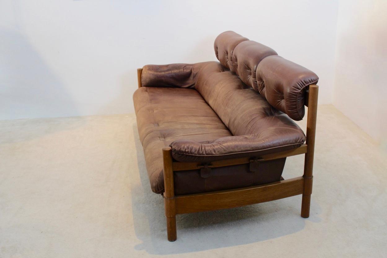 Brazilian Oak & Leather 3-Seat Sofa, 1970s 2