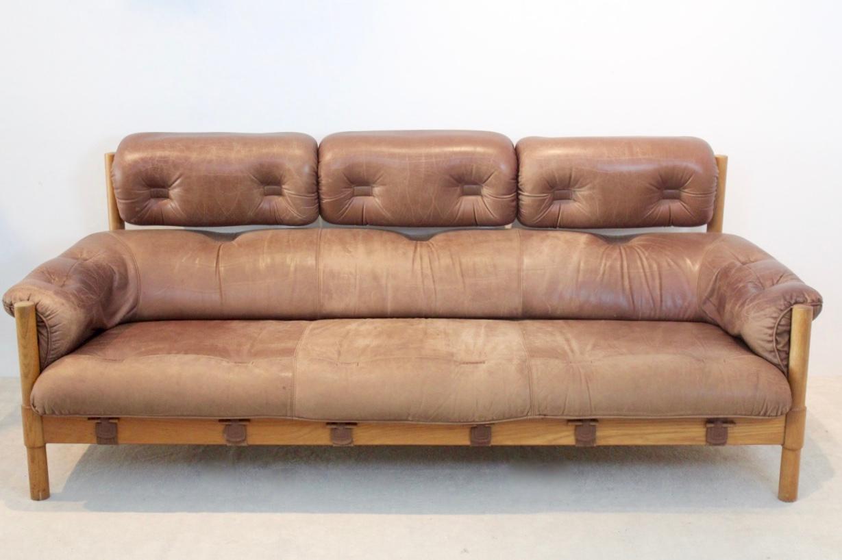 Brazilian Oak & Leather 3-Seat Sofa, 1970s 3