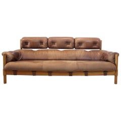 Brazilian Oak & Leather 3-Seat Sofa, 1970s