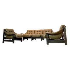 Brazilian Oak & Olive Green Leather 3-Piece Seating Group, Jean Gillon