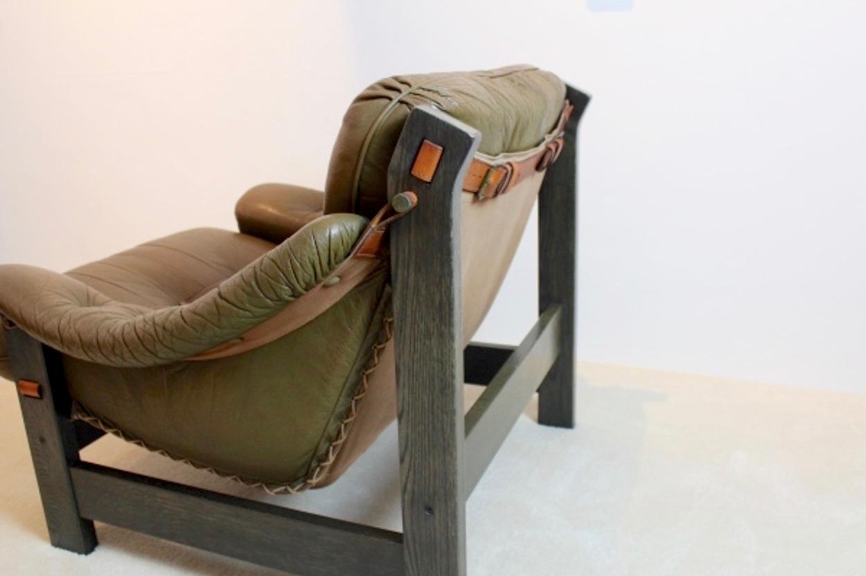 3-Sitz-Sofa aus brasilianischer Eiche und olivgrünem Leder, Jean Gillon im Angebot 6