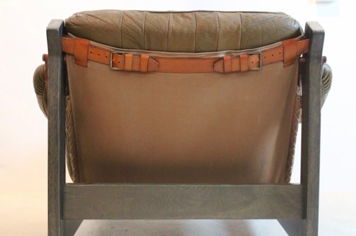 Brazilian Oak and Olive Green Leather 3-Seat Sofa, Jean Gillon For Sale 6
