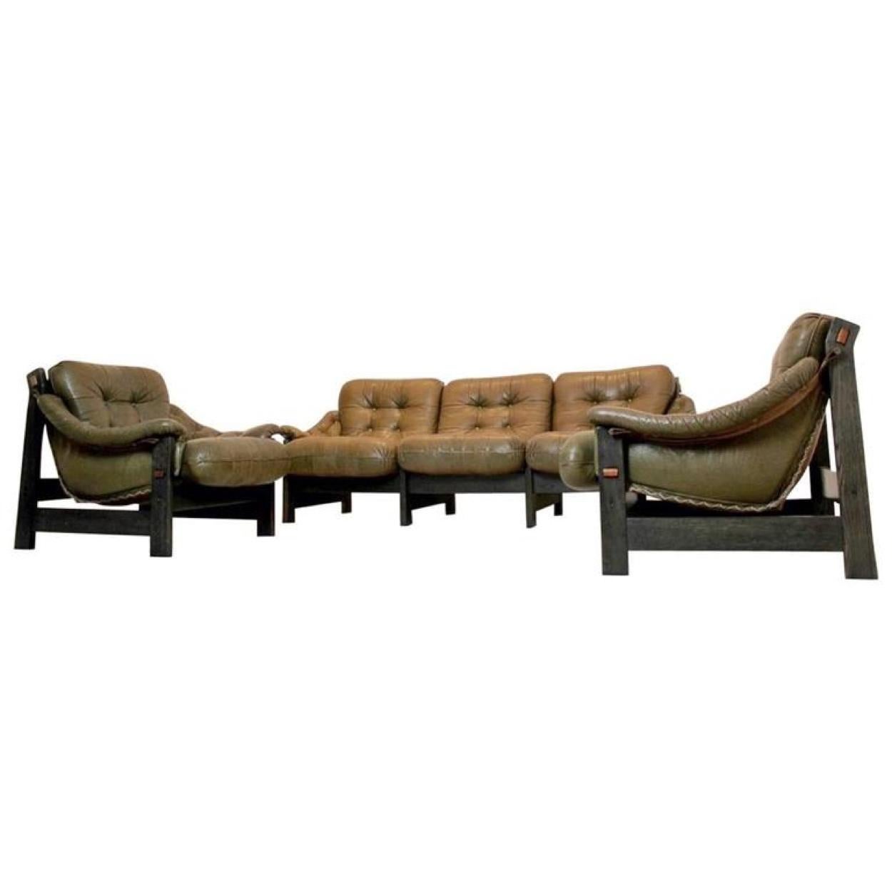 Brazilian Oak and Olive Green Leather 3-Seat Sofa, Jean Gillon For Sale 7