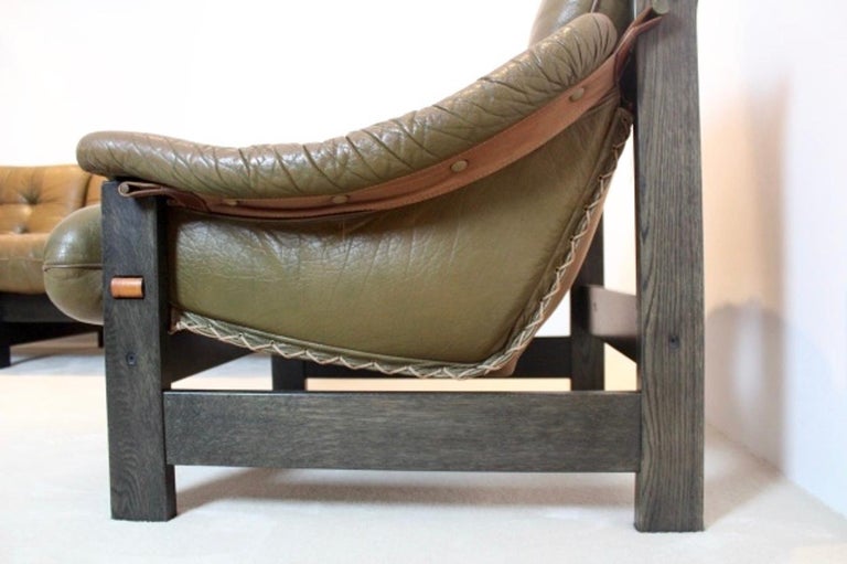 Brazilian Oak and Olive Green Leather 3-Seat Sofa, Jean ...