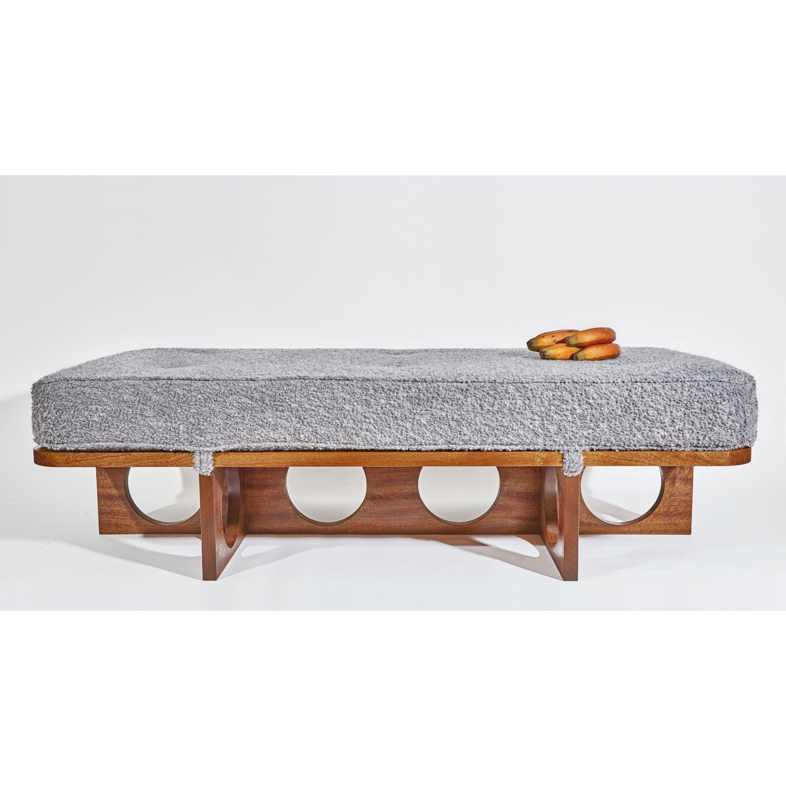 Brazilian ottoman by Tino Seubert
Dimensions: D 140 x W 70 x H 38 cm.
Materials: Oiled Sapele wood, Alpaca bouclé upholstered mattress.

Tino Seubert
When he first made his now signature wicker and aluminium stools and benches in 2018 for a