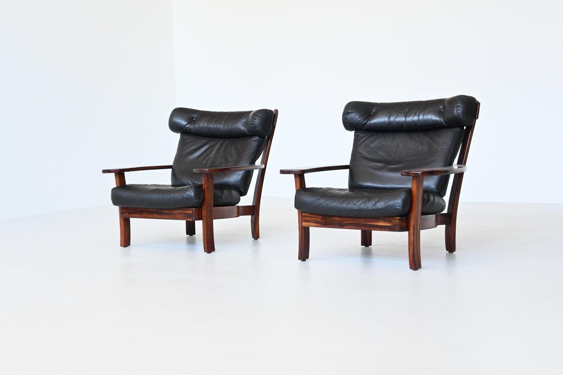 Brazilian pair of Ox lounge chairs hardwood and leather Brazil 1960 2