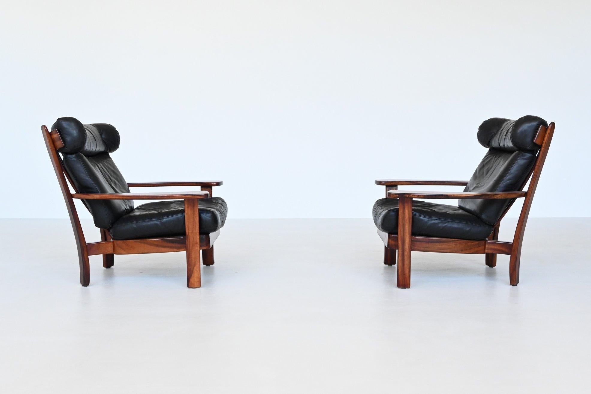 Brazilian pair of Ox lounge chairs hardwood and leather Brazil 1960 5