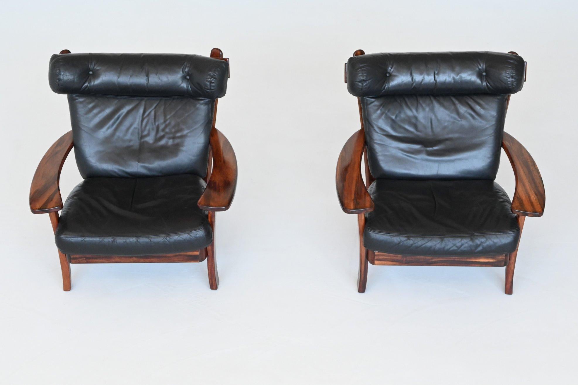 Brazilian pair of Ox lounge chairs hardwood and leather Brazil 1960 4