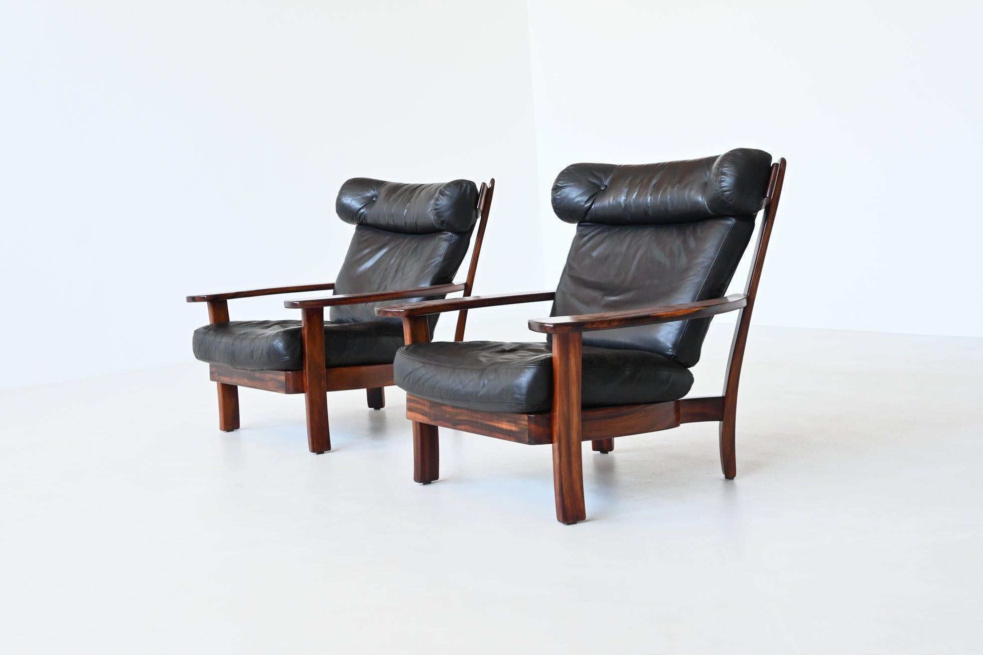 Brazilian pair of Ox lounge chairs hardwood and leather Brazil 1960 In Good Condition In Etten-Leur, NL