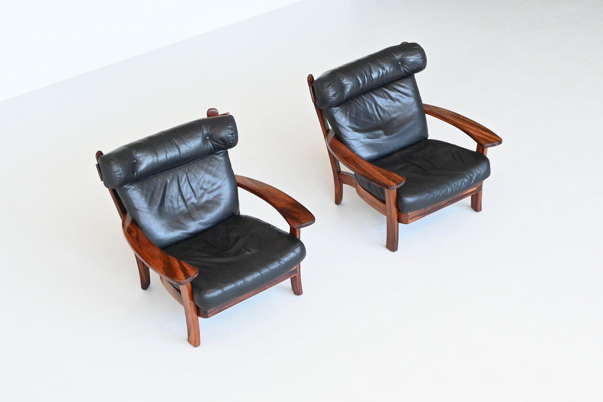 Mid-20th Century Brazilian pair of Ox lounge chairs hardwood and leather Brazil 1960 For Sale