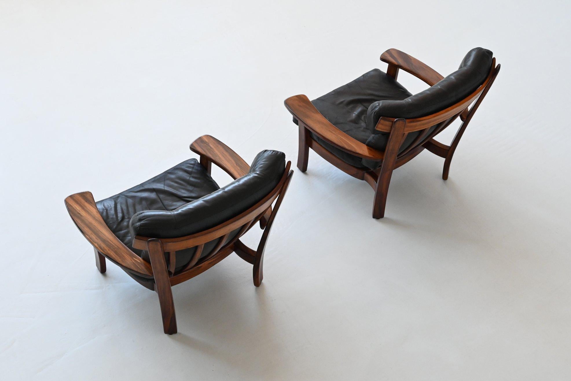 Leather Brazilian pair of Ox lounge chairs hardwood and leather Brazil 1960