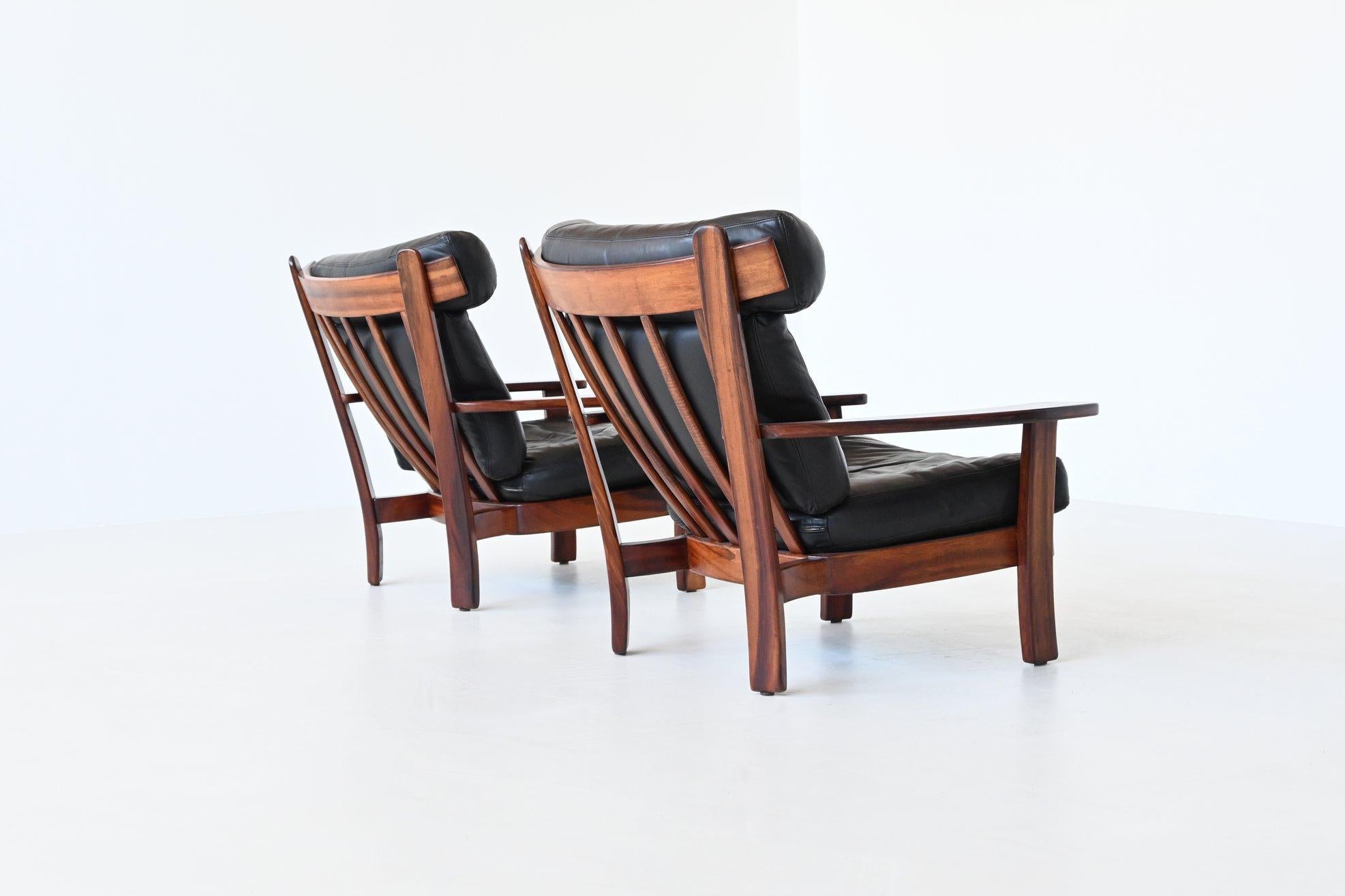 Brazilian pair of Ox lounge chairs hardwood and leather Brazil 1960 3