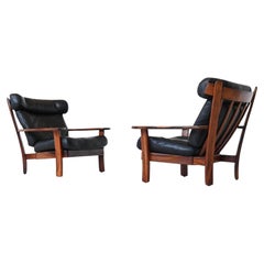Brazilian pair of Ox lounge chairs hardwood and leather Brazil 1960