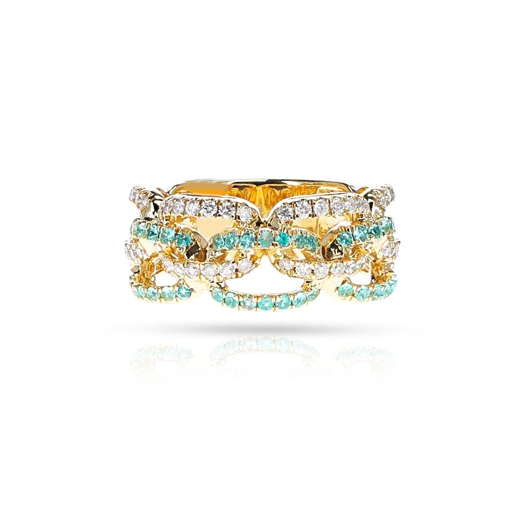 Round Cut Brazilian Paraiba and Diamond Rope-Link Ring, 18k For Sale
