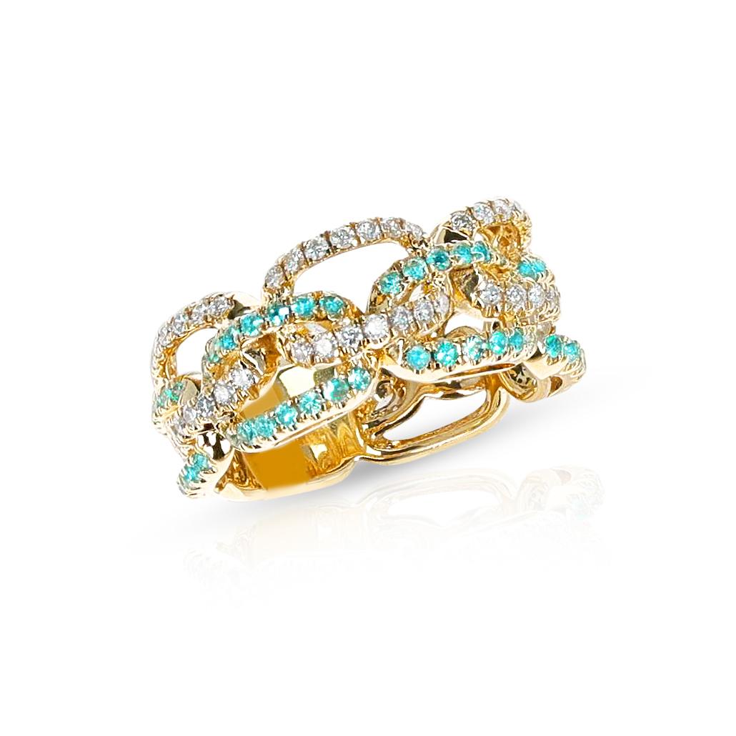 Brazilian Paraiba and Diamond Rope-Link Ring, 18k In New Condition For Sale In New York, NY