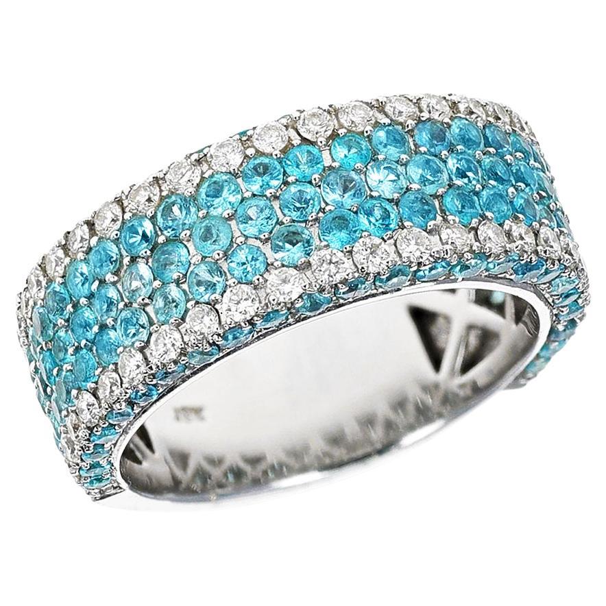 Brazilian Paraiba Tourmaline and Diamond Five Row Pave Ring