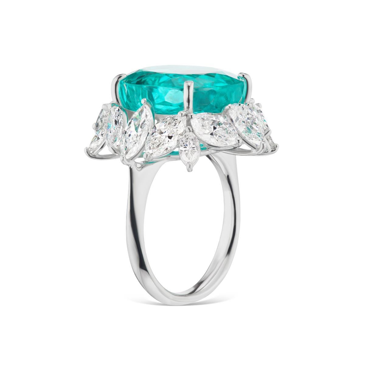 RARE & UNIQUE NEON BLUE BRAZILIAN PARIBA AND DIAMOND RING BY TAKAT
A gorgeous Neon Blue Un treated Brazilian Paraiba Tourmaline gets the sweetheart treatment with a simple diamond setting. Brazilian Pariba is certified by AGL and Gubelin Lab.
