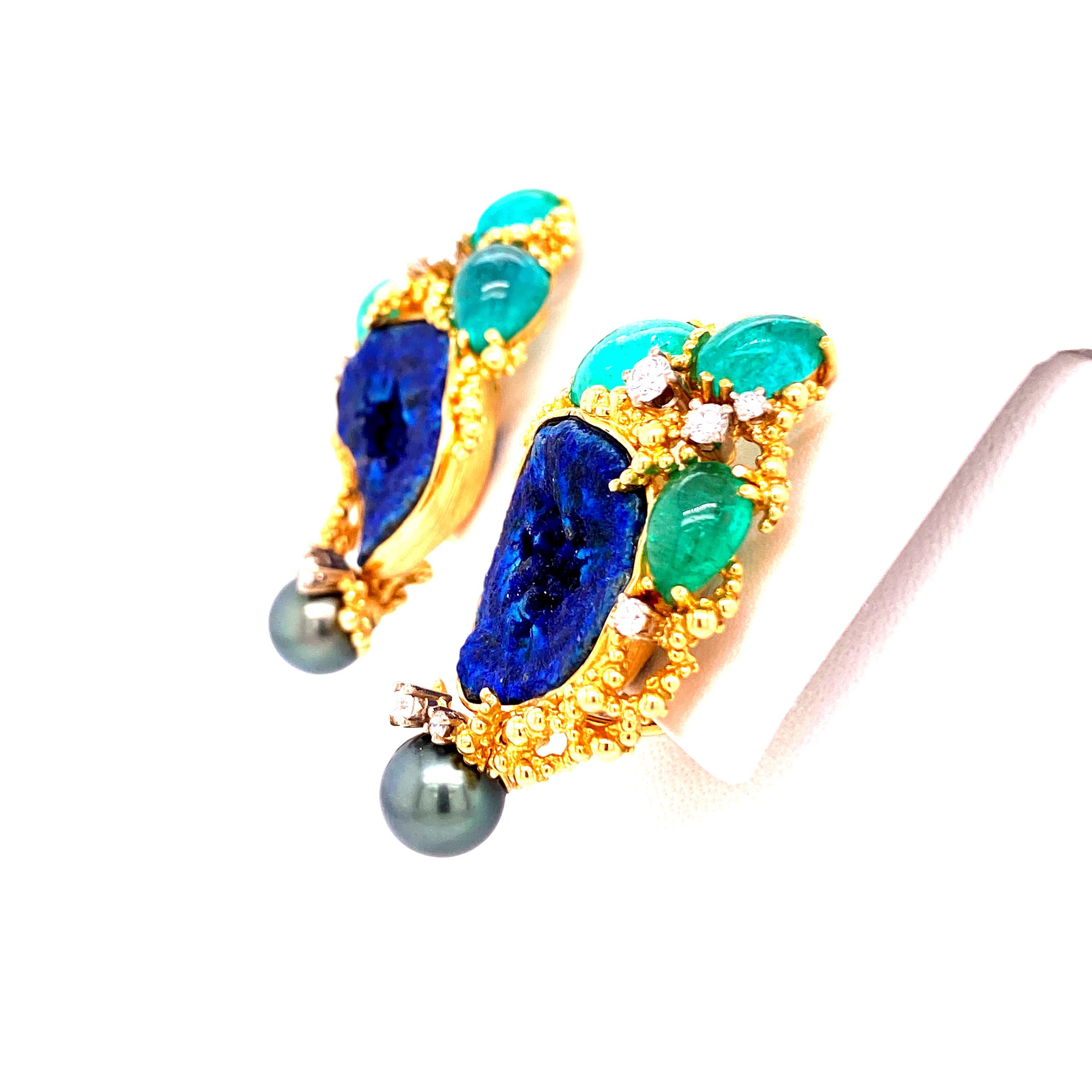 Cabochon Brazilian Paraiba Tourmaline, Diamond, and Azurite Earclips by Gilbert Albert