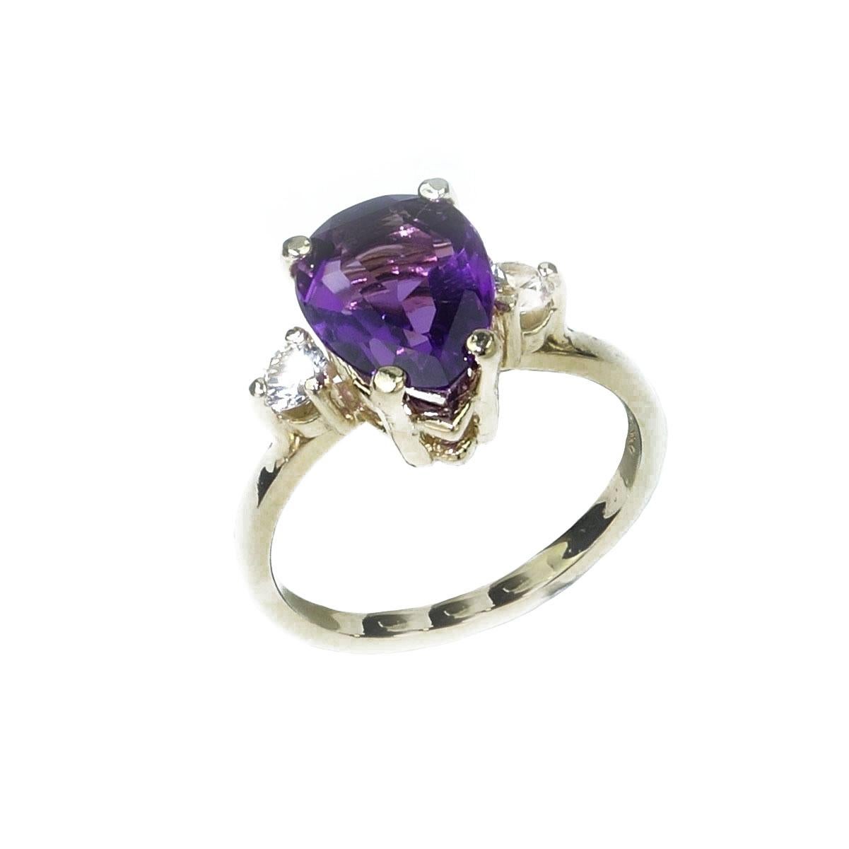  Pear Shape Amethyst and White Sapphires in Yellow Gold Ring February Birthstone 2