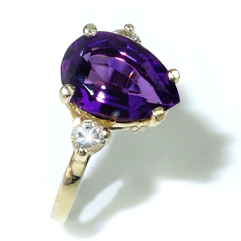 Pear Cut  Pear Shape Amethyst and White Sapphires in Yellow Gold Ring February Birthstone