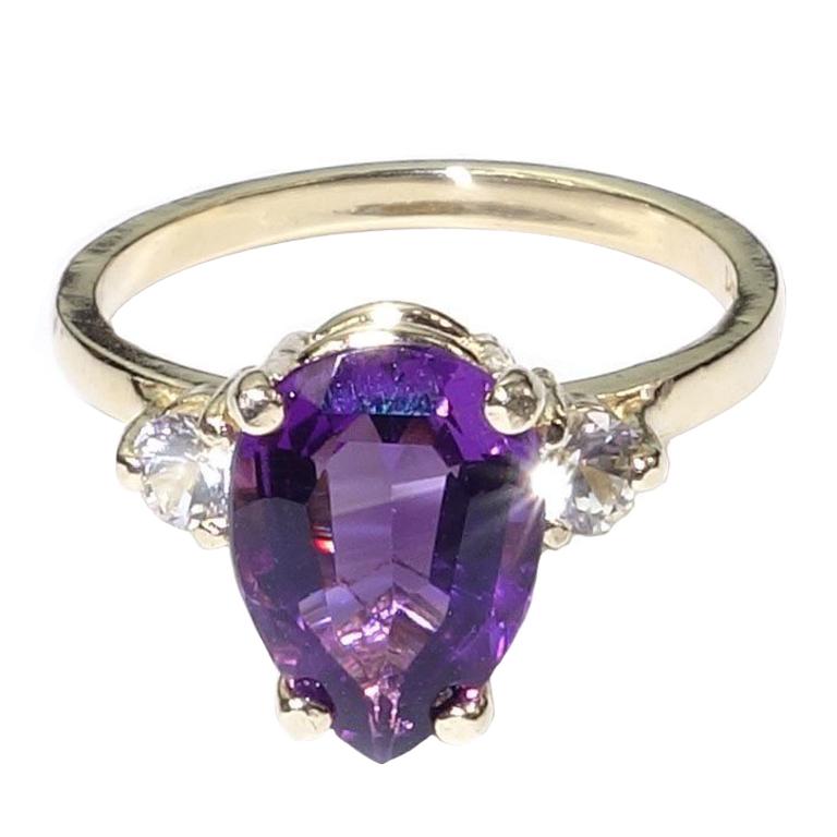  Pear Shape Amethyst and White Sapphires in Yellow Gold Ring February Birthstone