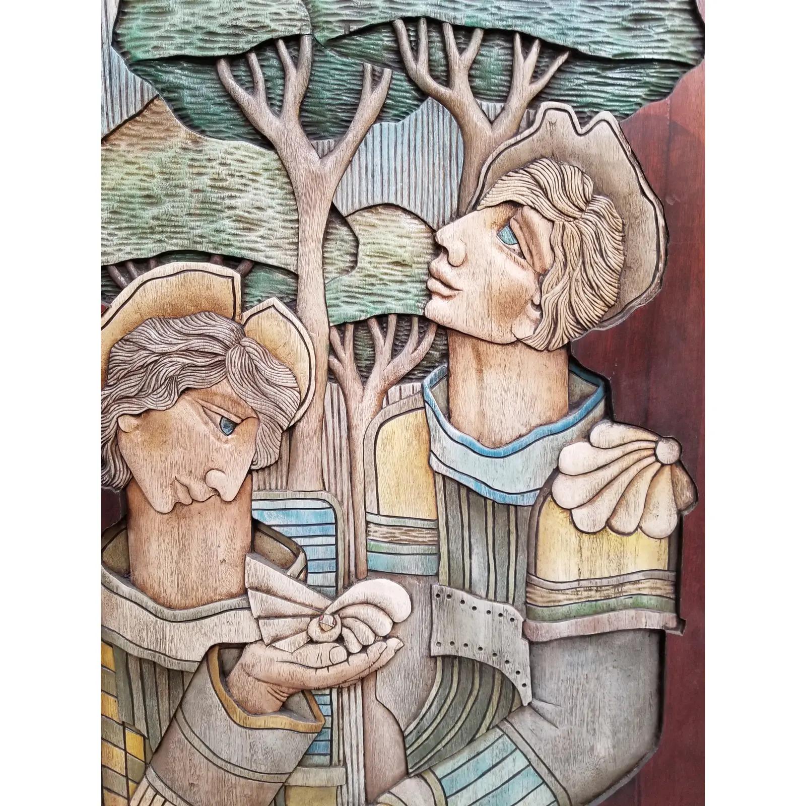 Impressive wall art carved mahogany wood panel / door handcrafted by Edison Luiz Fagundes de Castro AKA Edison Lufaac. Born 1952, Brazil. Signed and dated 1987. Stylized figures and trees. Hand painted poly-chrome finish.