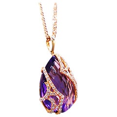 Brazilian Purple Amethyst Diamond Pendant 18 Karat Rose Color Necklace