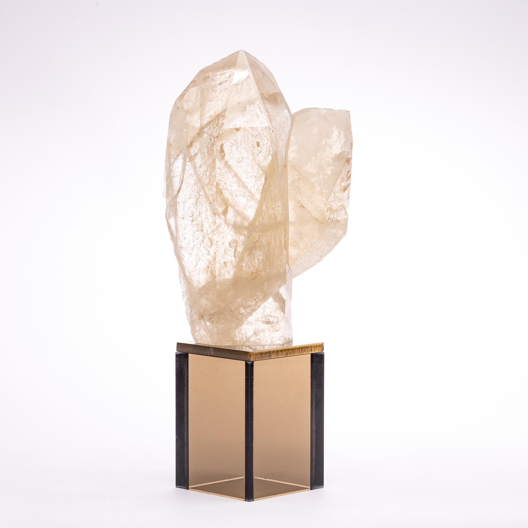 Organic Modern Brazilian Quartz Point on Smoky Acrylic Stand For Sale