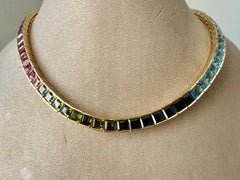 Brazilian Rainbow Gemstone Tennis Necklace 18K Yellow Gold, Circa 1980