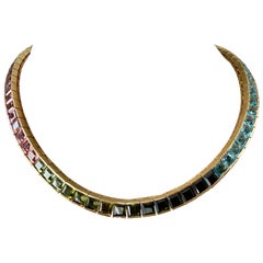 Brazilian Rainbow Gemstone Tennis Necklace 18K Yellow Gold, Circa 1980