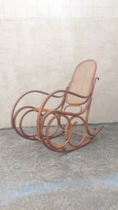 Brazilian Rocking Chair in Curved Wood and Indian Straw, 1960s
