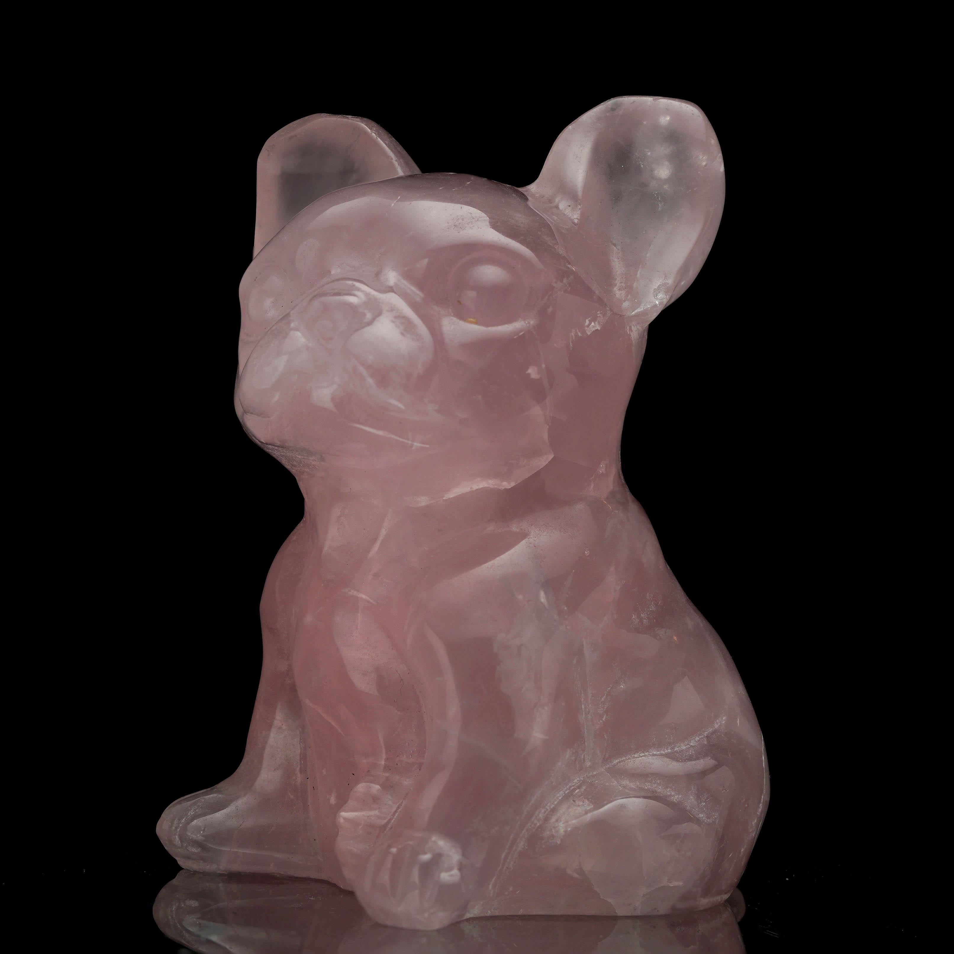 Brazilian Rose Quartz Dog Carving – 632g In New Condition For Sale In New York, NY