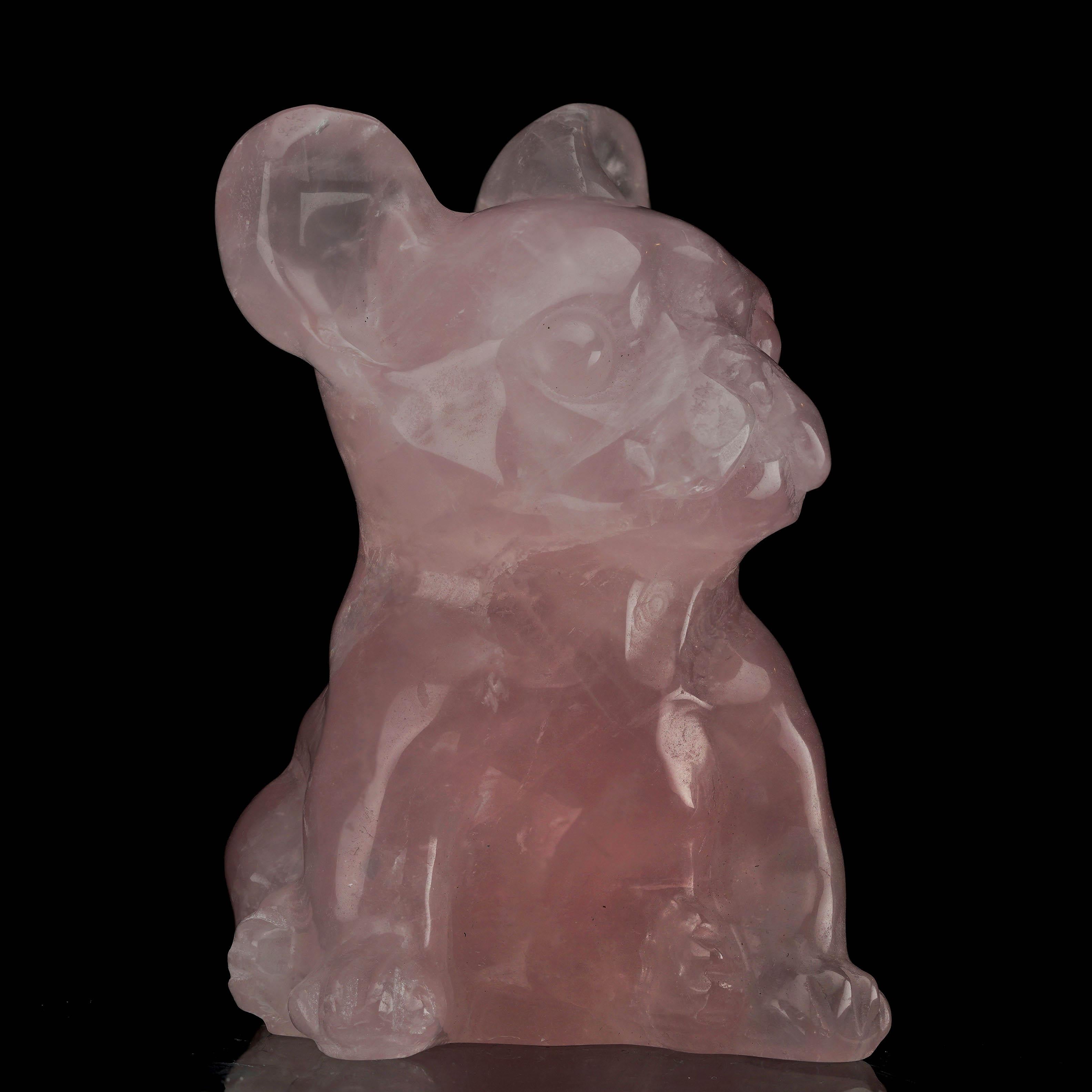 Contemporary Brazilian Rose Quartz Dog Carving – 632g For Sale