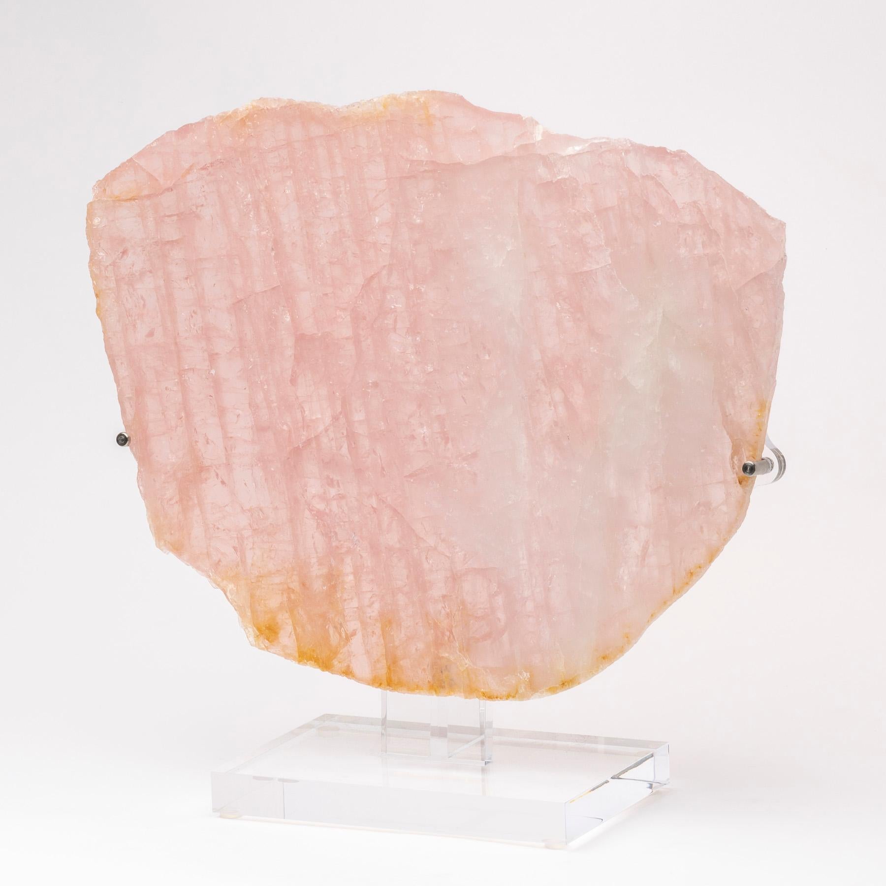 Beautiful natural shape Brazilian rose quartz 
The base is original and organic designed to fit and enhance the slab perfectly.