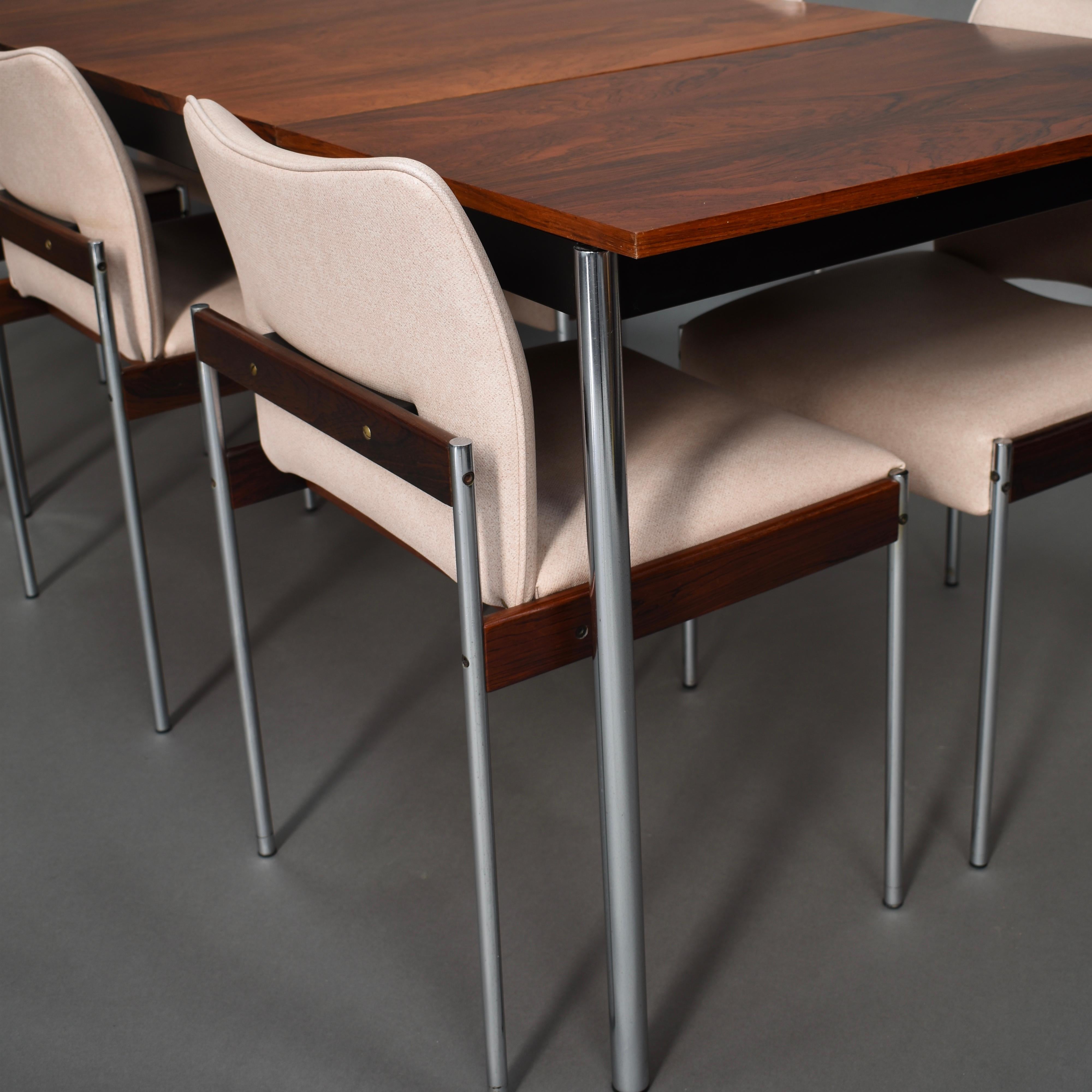 Leather Italian Walnut and Chrome Dining Set by Thereca, Netherlands, 1960s