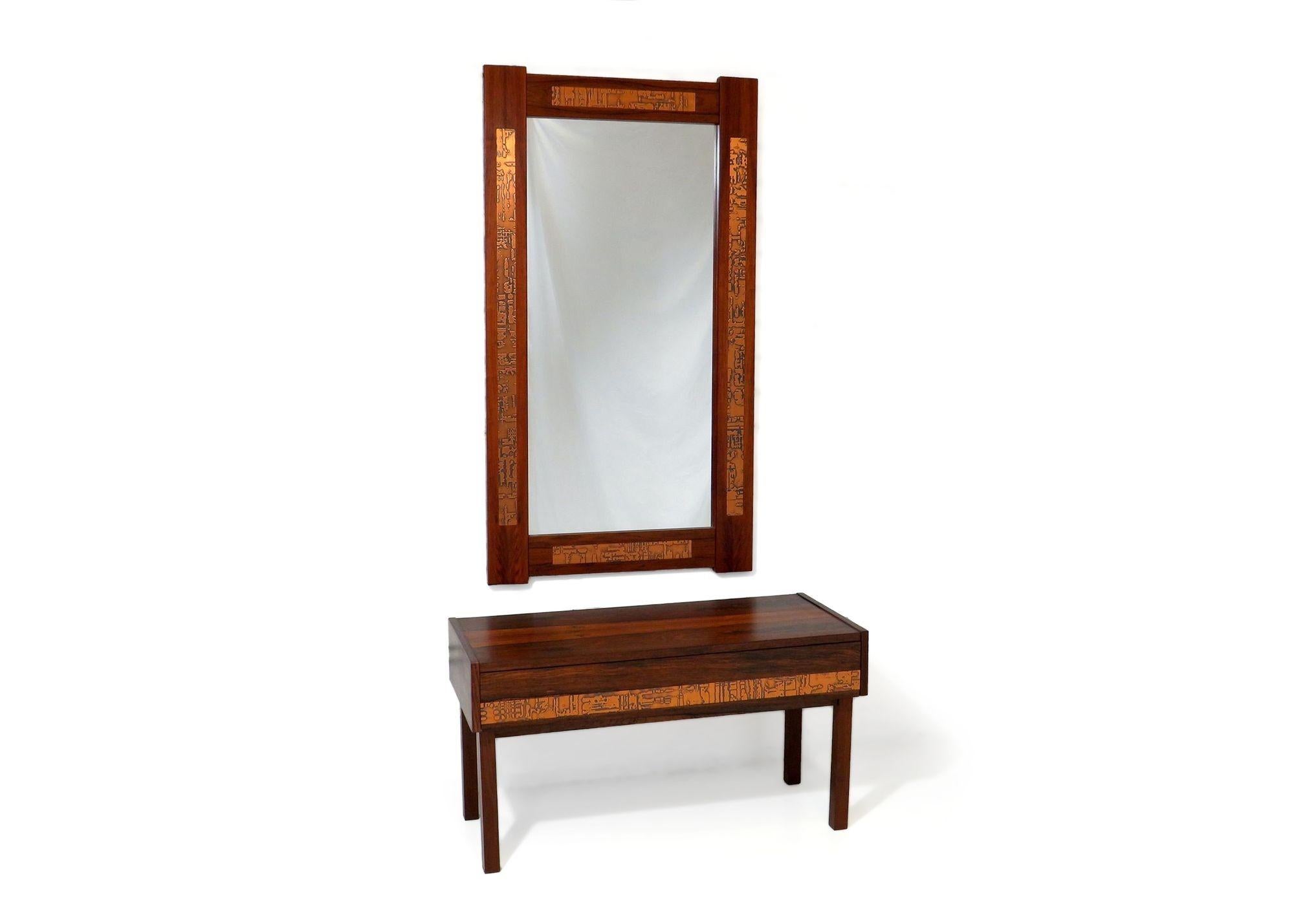 20th Century Brazilian Rosewood and Copper Entry Cabinet and Mirror For Sale