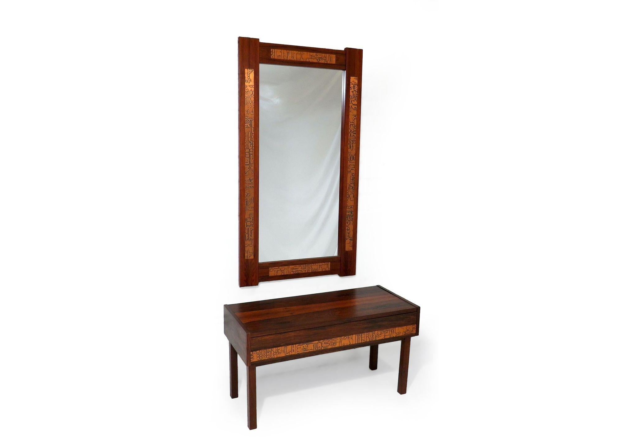 Brazilian Rosewood and Copper Entry Cabinet and Mirror For Sale 1