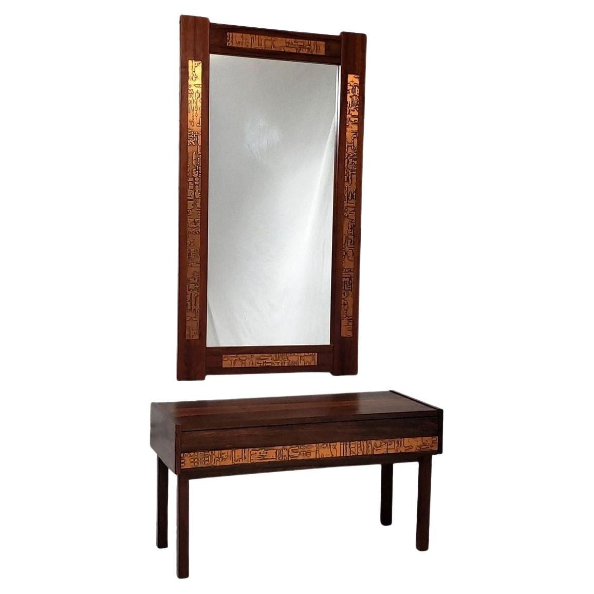 Brazilian Rosewood and Copper Entry Cabinet and Mirror For Sale