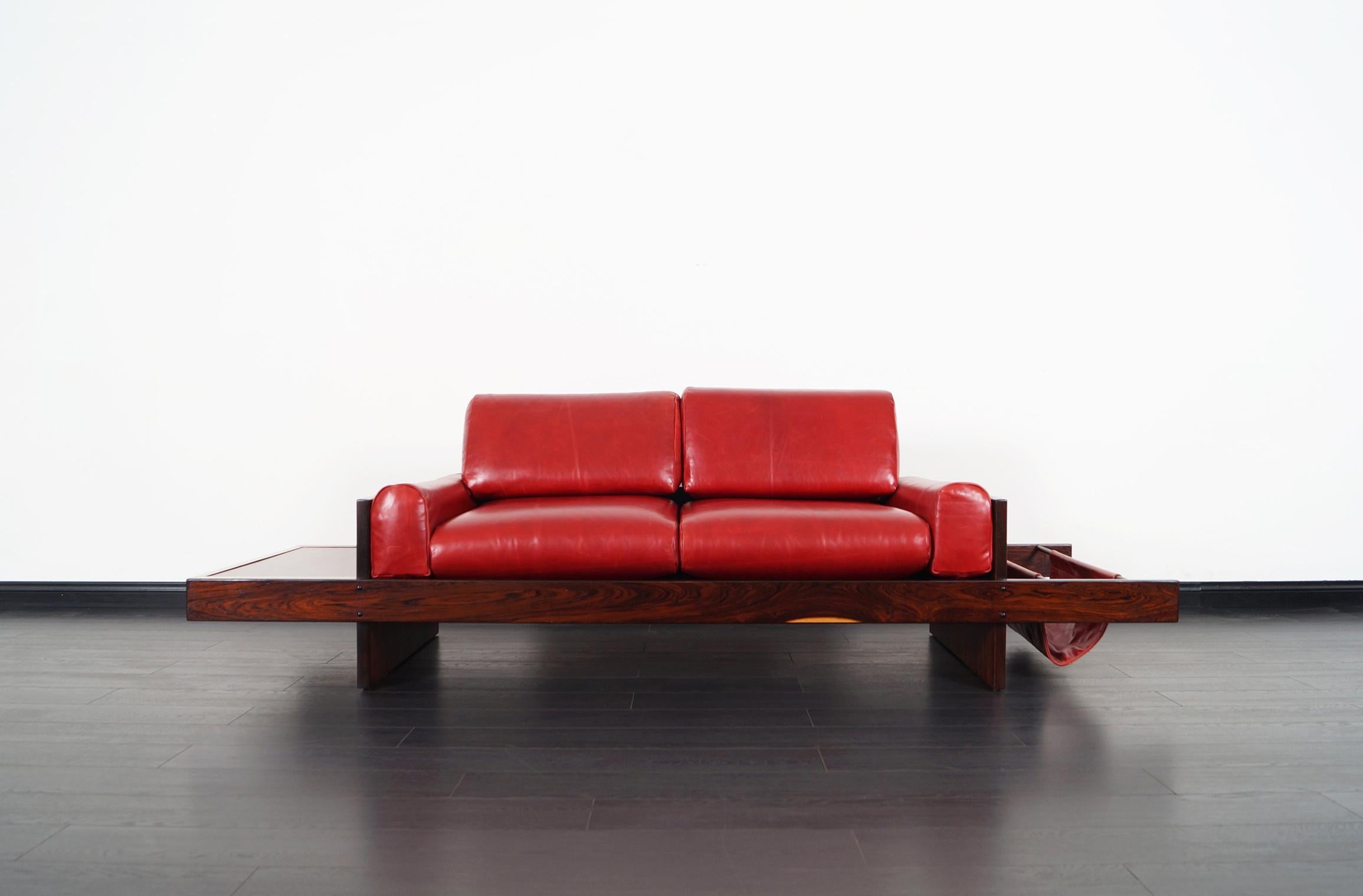 Mid-20th Century Vintage Brazilian Rosewood and Leather Sofa Attributed to Celina Moveis