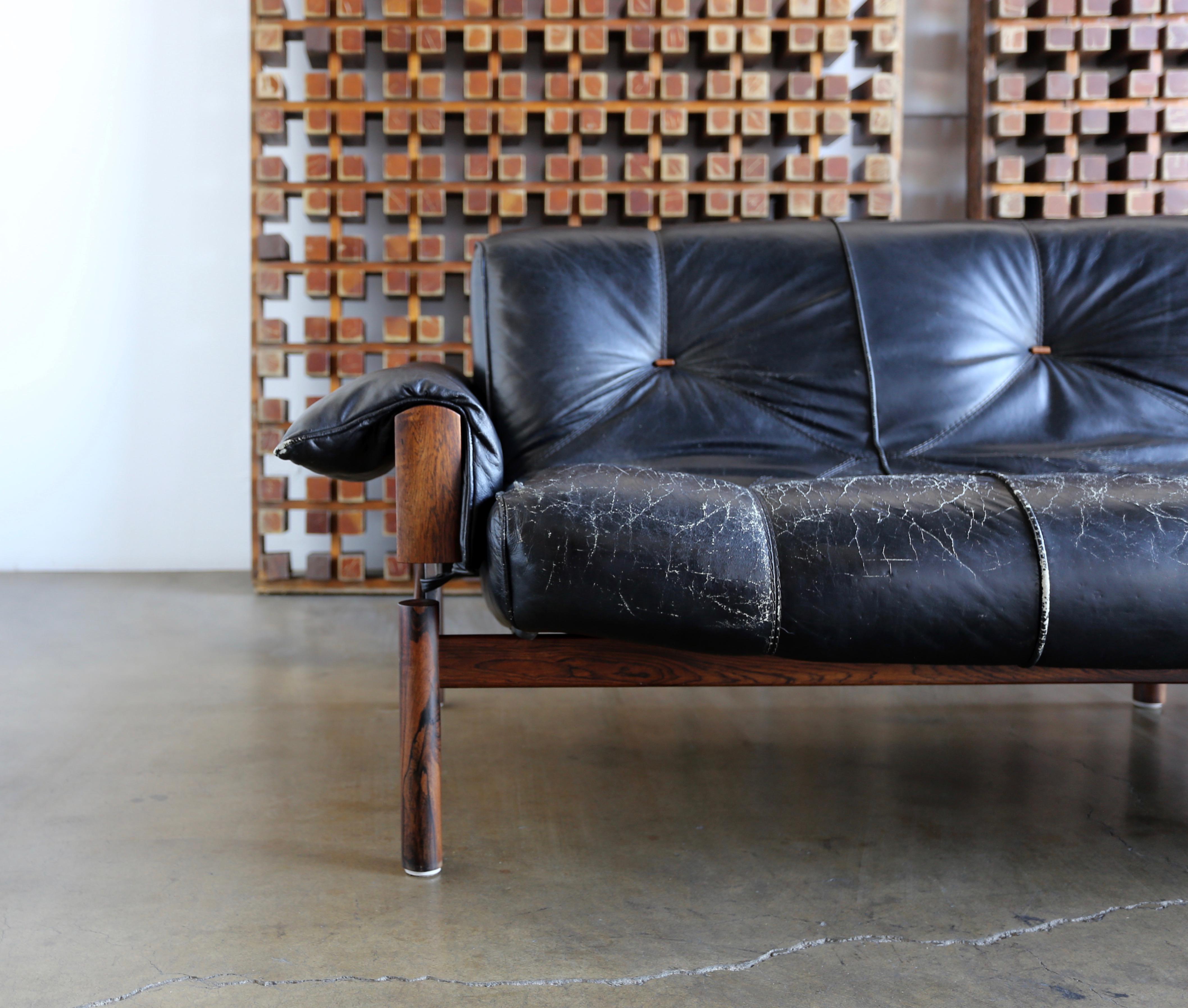 Brazilian Rosewood and Leather Sofa by Percival Lafer In Distressed Condition In Costa Mesa, CA