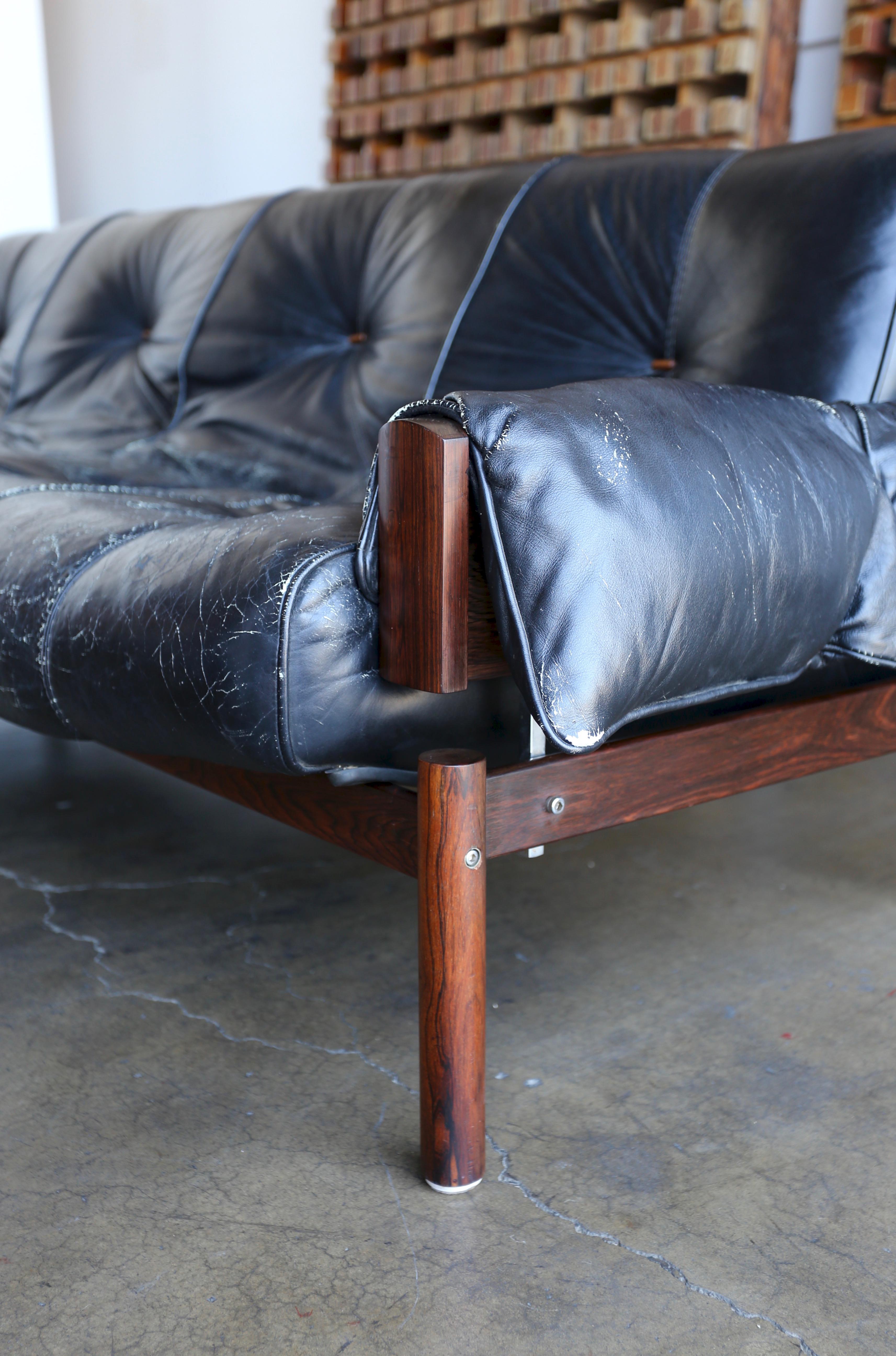 20th Century Brazilian Rosewood and Leather Sofa by Percival Lafer