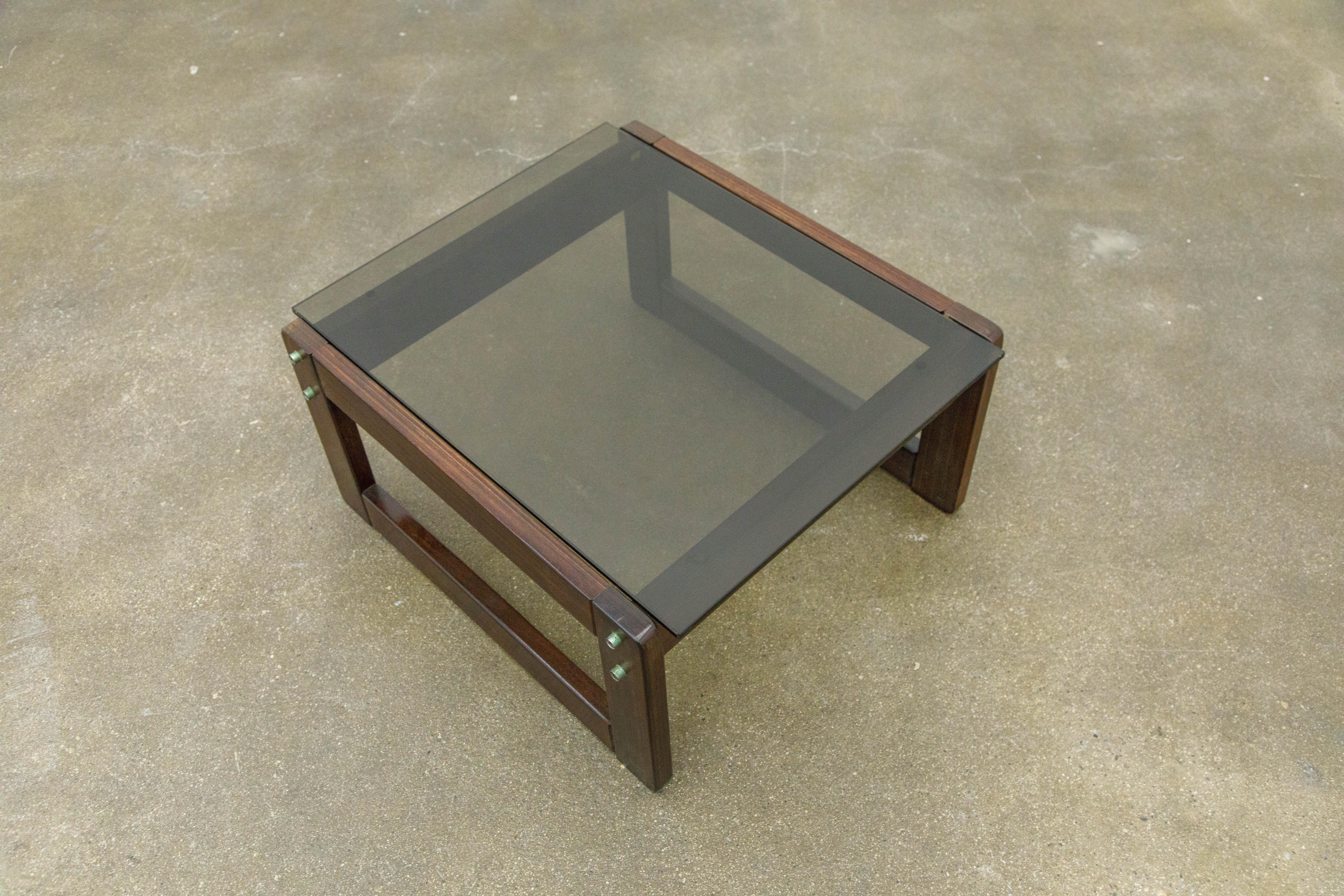 Brazilian Rosewood and Smoked Glass Side Table by Percival Lafer, 1960s, Signed 1